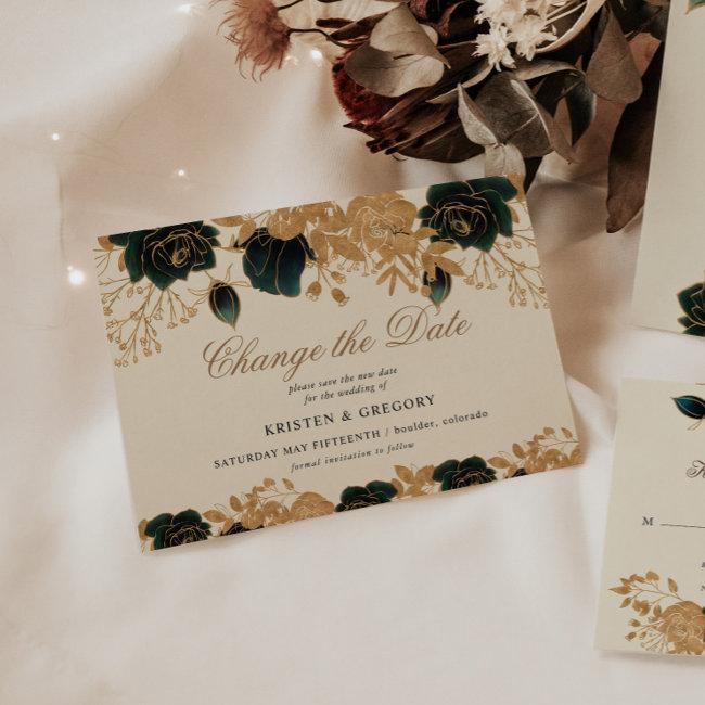 Watercolor Gold And Green Roses Change The Date