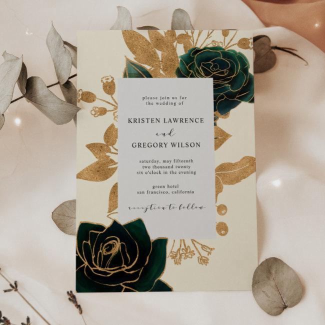 Watercolor Gold And Green Roses Wedding