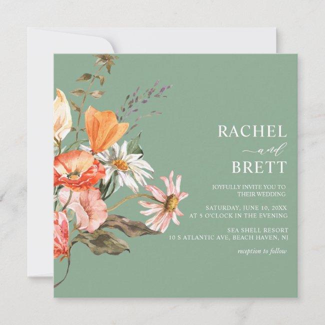 Watercolor Green Coral Pink Floral Wedding