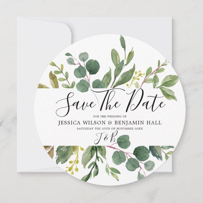 Watercolor Green Leaves Modern Wedding Save The Date