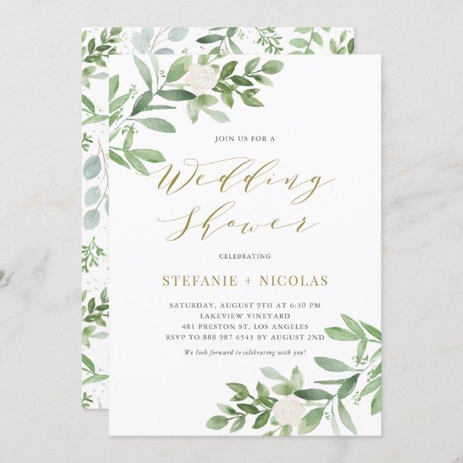 Watercolor Greenery And Flowers Wedding Shower