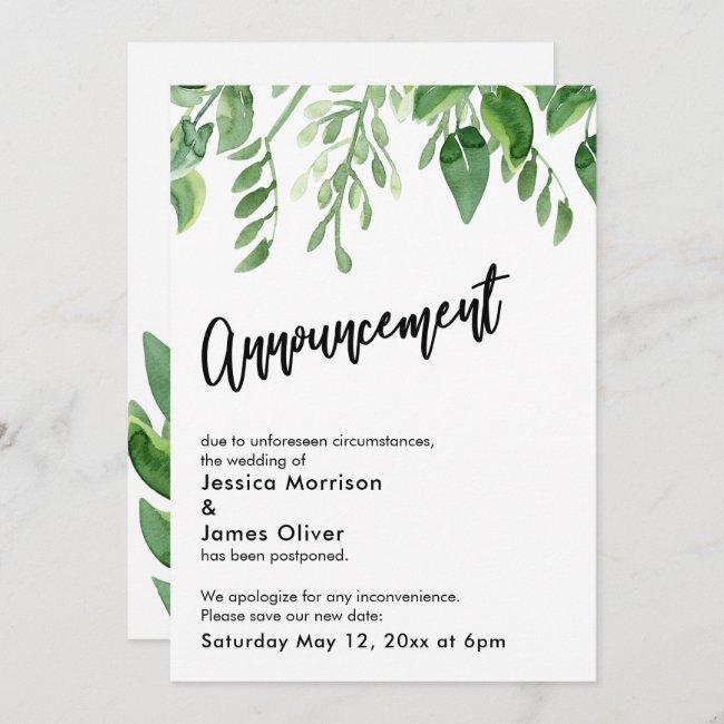 Watercolor Greenery Postponed Wedding Announcement