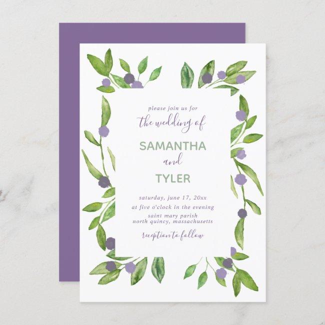 Watercolor Greenery With Purple Accents Wedding