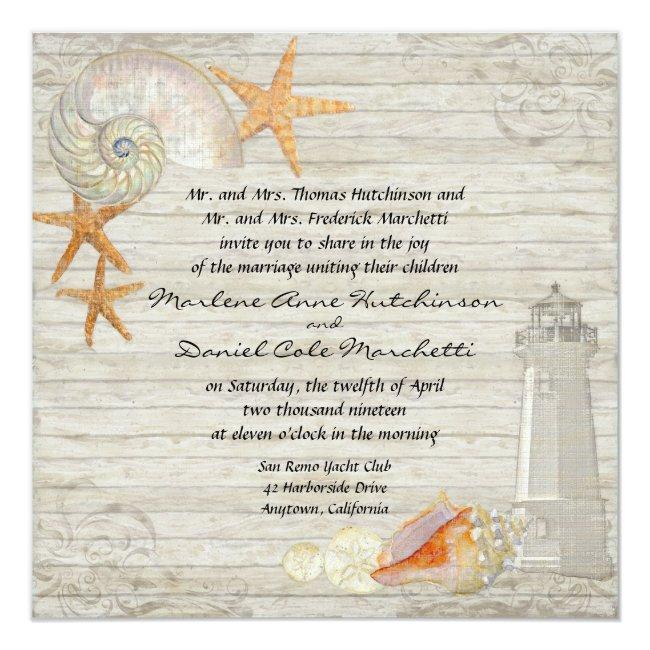 Watercolor Lighthouse Shells Beach Cottage Wedding