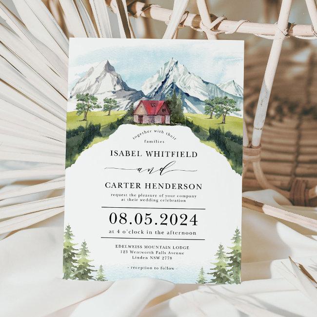 Watercolor Mountain Rustic Forest Wedding Invitati
