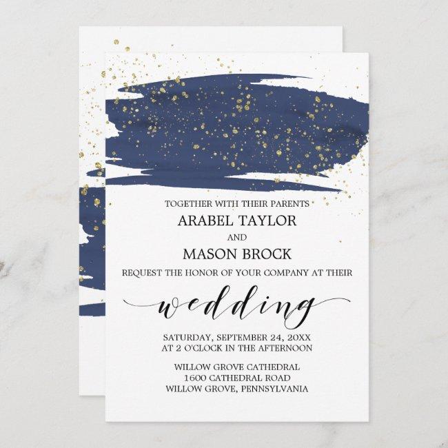 Watercolor Navy And Gold Sparkle Wedding