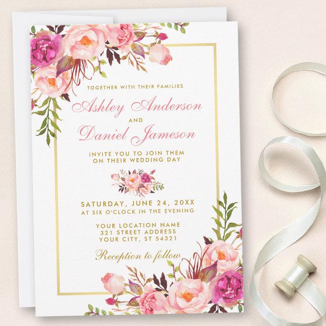 Watercolor Pink Blush Floral Gold Wedding