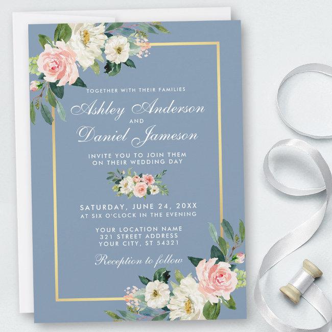 Watercolor Pink White Floral Dusty Blue Wedding