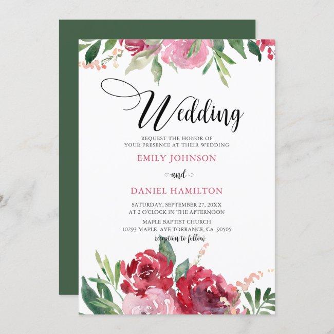 Watercolor Red Blush Pink Green Floral Wedding
