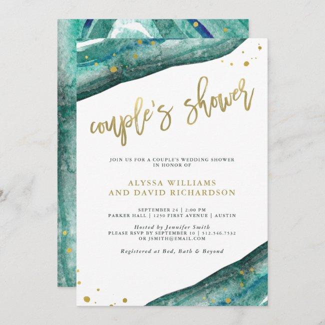 Watercolor Teal And Gold Geode Couples Shower