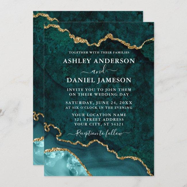 Watercolor Teal Gold Marble Agate Geode Wedding