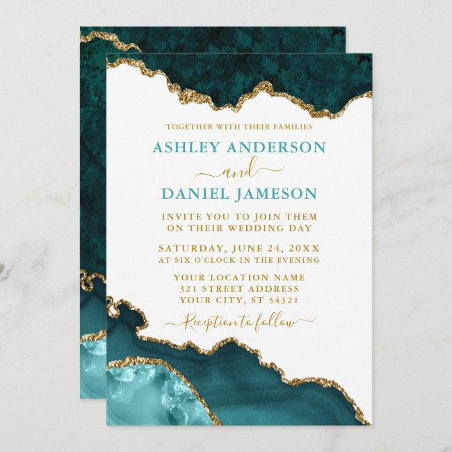 Watercolor Teal White Gold Geode Marble Wedding