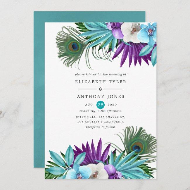Watercolor Tropical Orchids Peacock Wedding