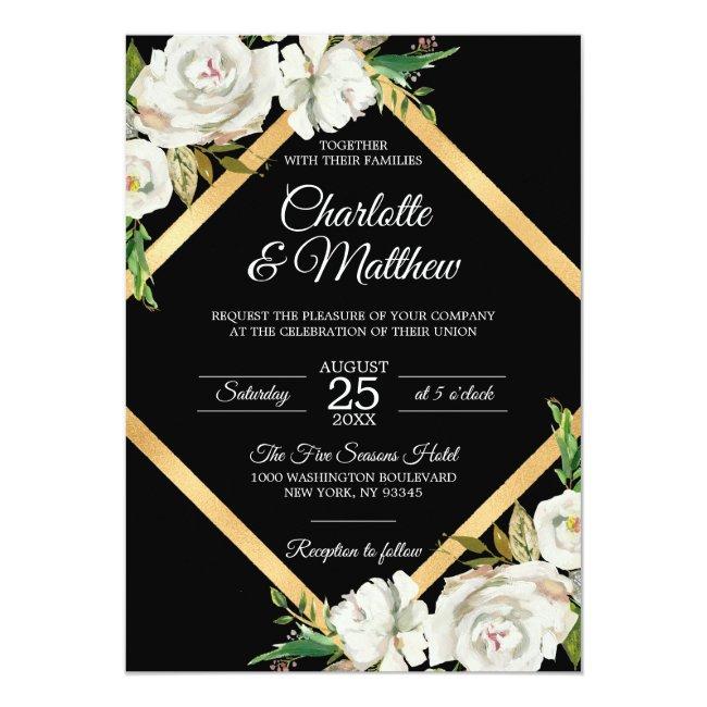 Watercolor White Black Gold Floral Wedding