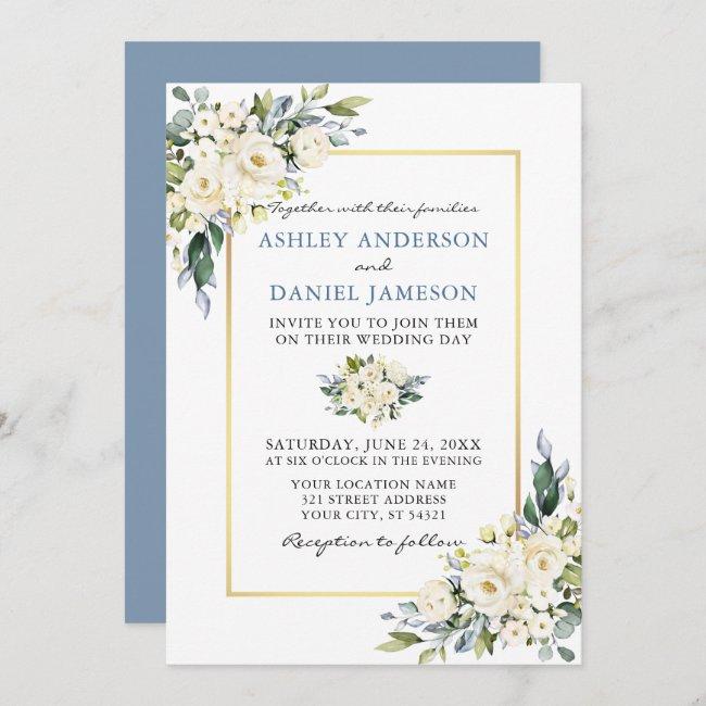 Watercolor White Floral Dusty Blue Wedding