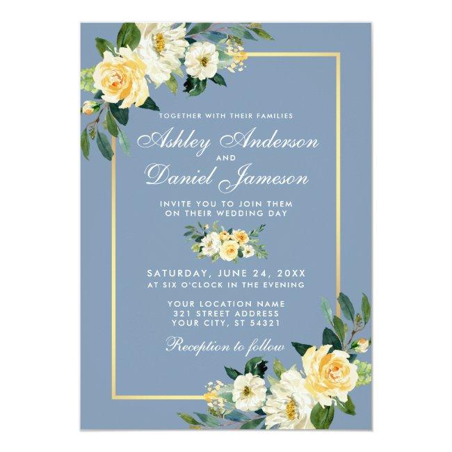 Watercolor Yellow White Floral Dusty Blue Wedding