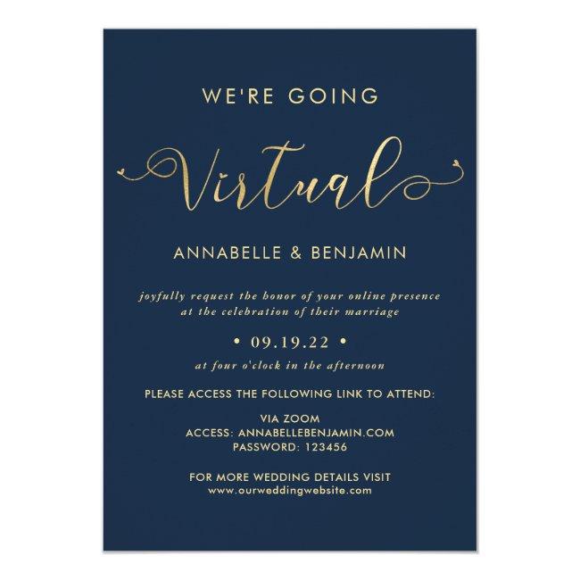 We Are Going Virtual Navy & Gold Wedding Photo
