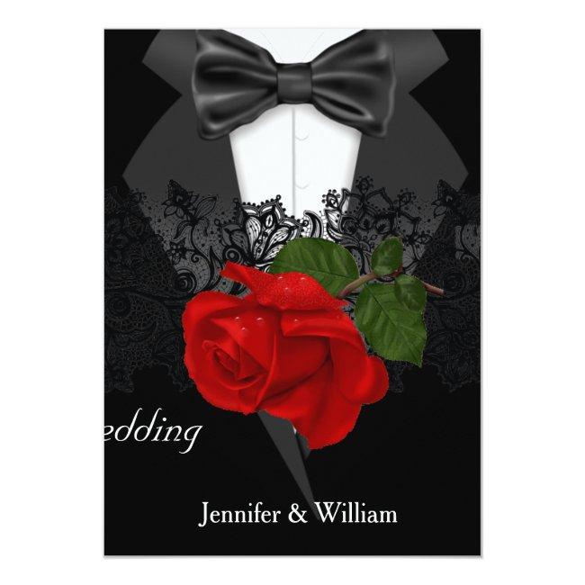 Wedding Black White Tuxedo Deep Red Rose