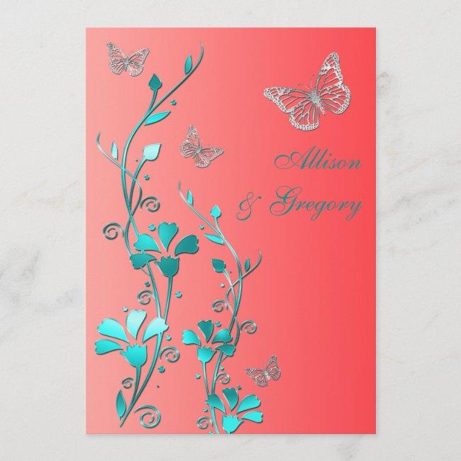 Wedding | Coral Aqua Gray | Floral | Butterflies