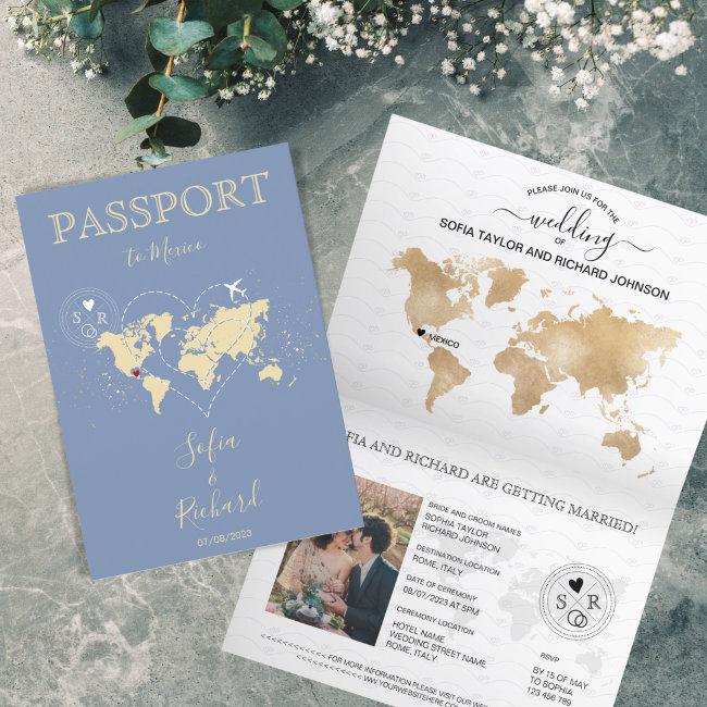 Wedding Destination Passport World Map Baby Blue