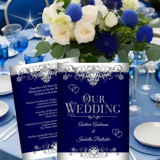 Wedding Elegant Royal Blue Silver Diamond Hearts
