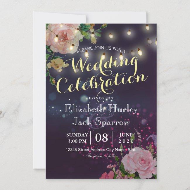 Wedding Invite Floral String Lights Purple Sparkle