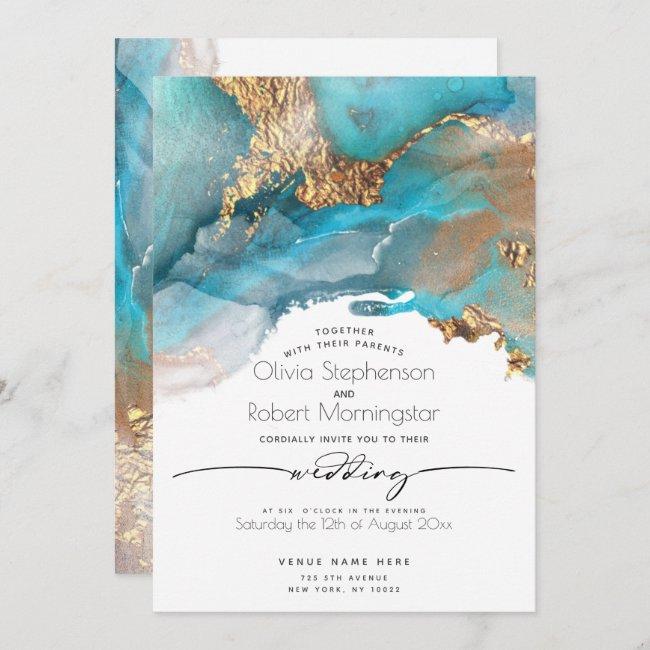 Wedding | Modern Aqua And Gold Marbled Ink Invita