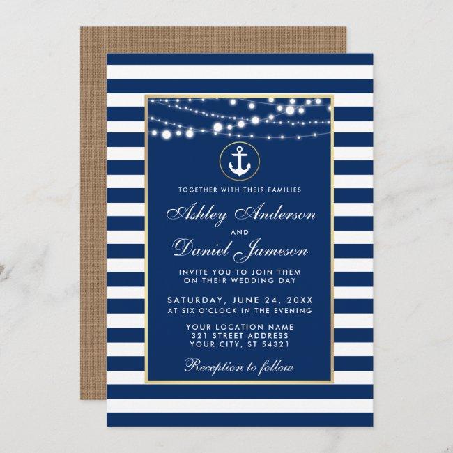 Wedding Nautical Blue Stripes Lights Invite B