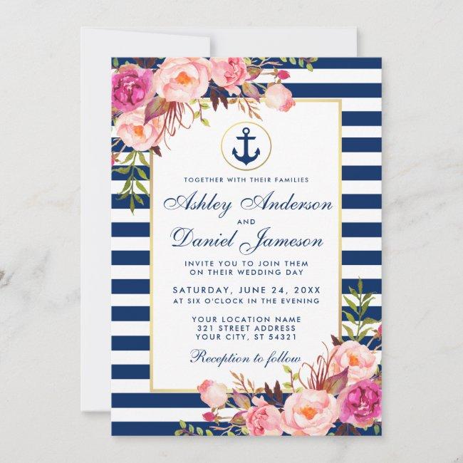 Wedding Nautical Blue Stripes Pink Floral Invite