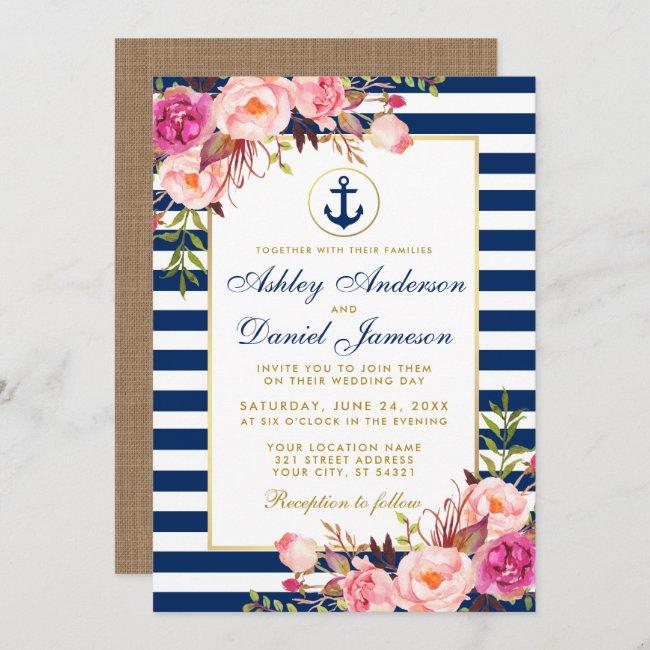 Wedding Nautical Blue Stripes Pink Floral Invite B