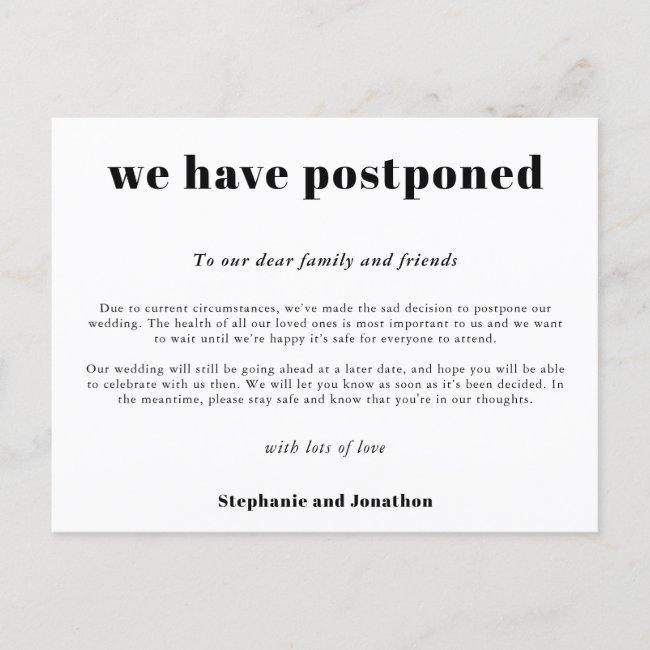 Wedding Postponement Simple Typographical White Announcement Post