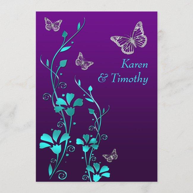 Wedding | Purple Teal Silver, Floral | Butterflies