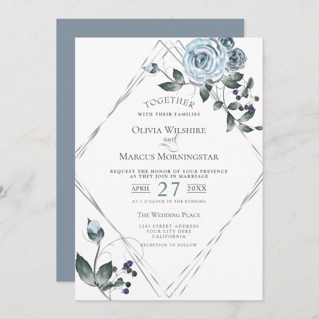 Wedding Watercolor Dusty Blue Floral Silver Frame
