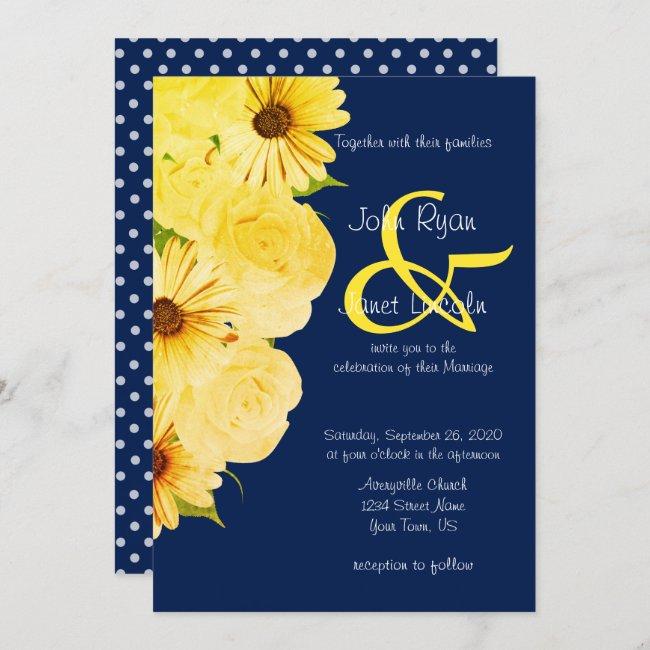 Wedding Yellow Roses & Daisies On Dark Blue