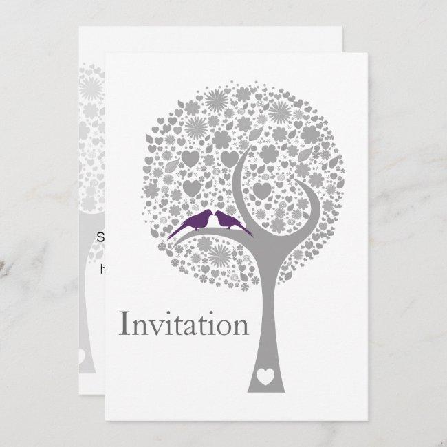 Whimsy Tree Purple Lovebirds Mod Wedding Invites