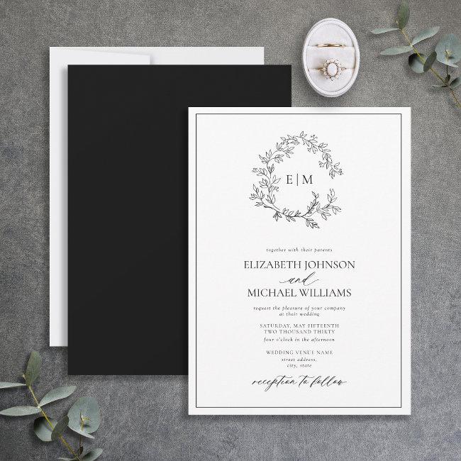 White Black Leafy Crest Monogram Wedding