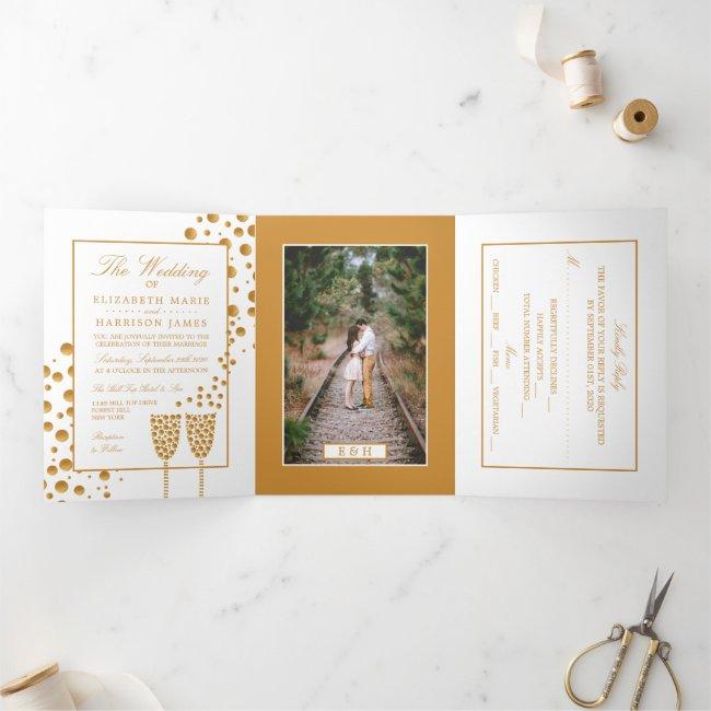 White & Gold Champagne Bubbles, Wedding Suite Tri-fold