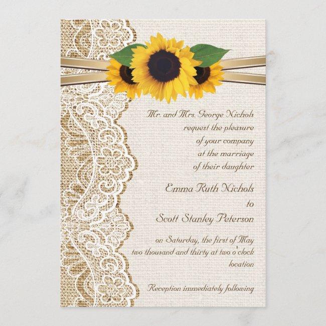 White Lace, Ribbon & Sunflowers On Burlap Wedding