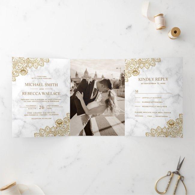White Marble And Gold Lace Wedding Photo Tri-fold