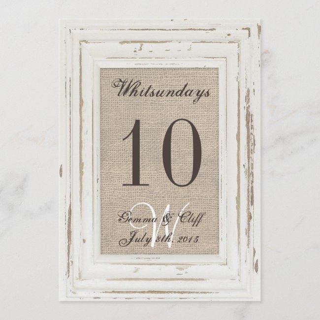 White Rustic Frame & Burlap Print Table Number For