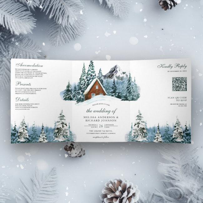 Winter Mountain Forest Cabin Lodge Qr Code Wedding Tri-fold