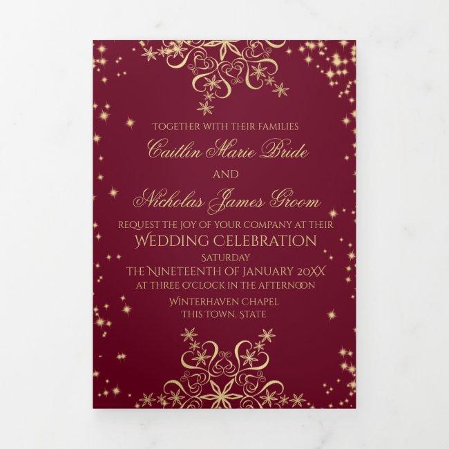 Winter Snowflakes Burgundy And Gold Sparkle Tri-fold