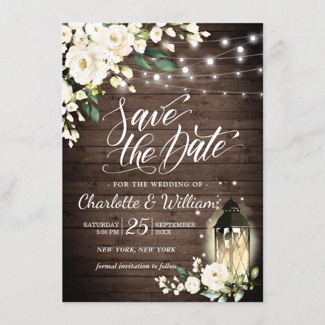 Wood & White Roses & Lantern Wedding Save The Date