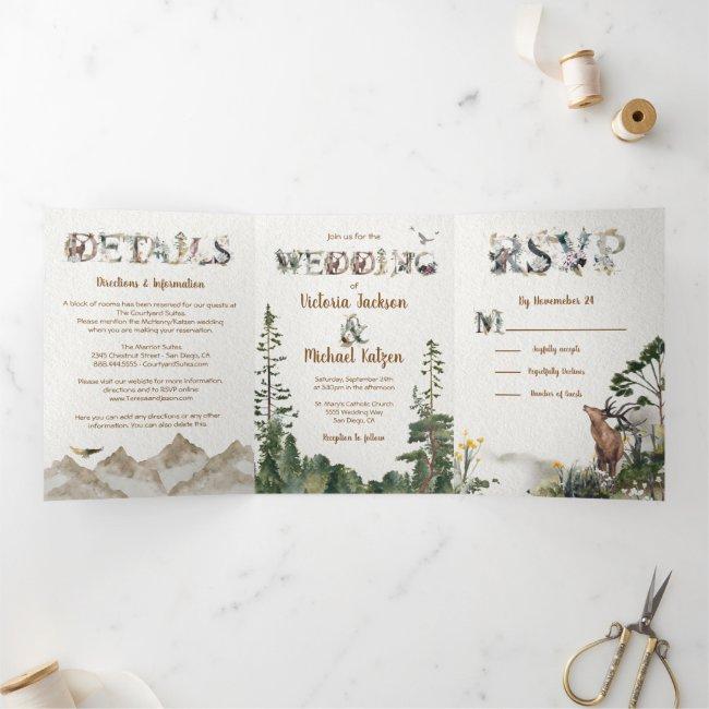 Woodland Forest Mountain Watercolor Wedding Tri-fold