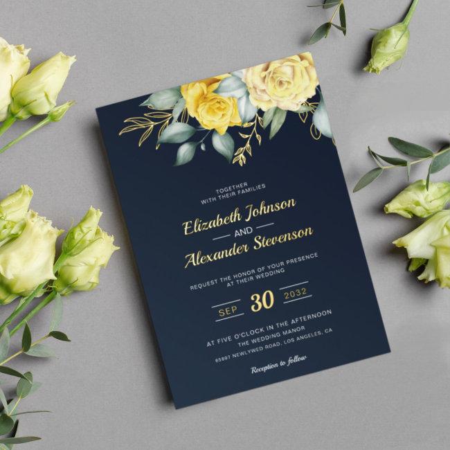Yellow Floral Classy Greenery Navy Blue Wedding Foil